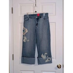 Very Vera Wang Embellished Capri Jeans Size 8 Boho Beaded Denim Wide Leg Cropped